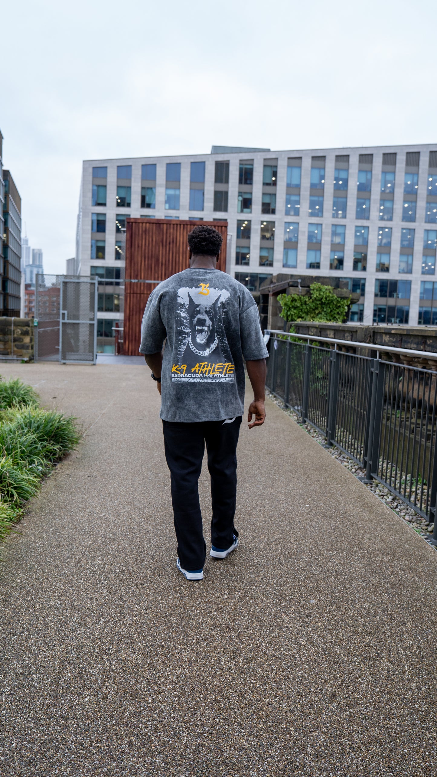 Person walking on a pathway with buildings in the background