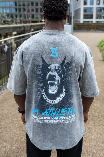 Person wearing a gray t-shirt with a graphic design on the back, standing outdoors.