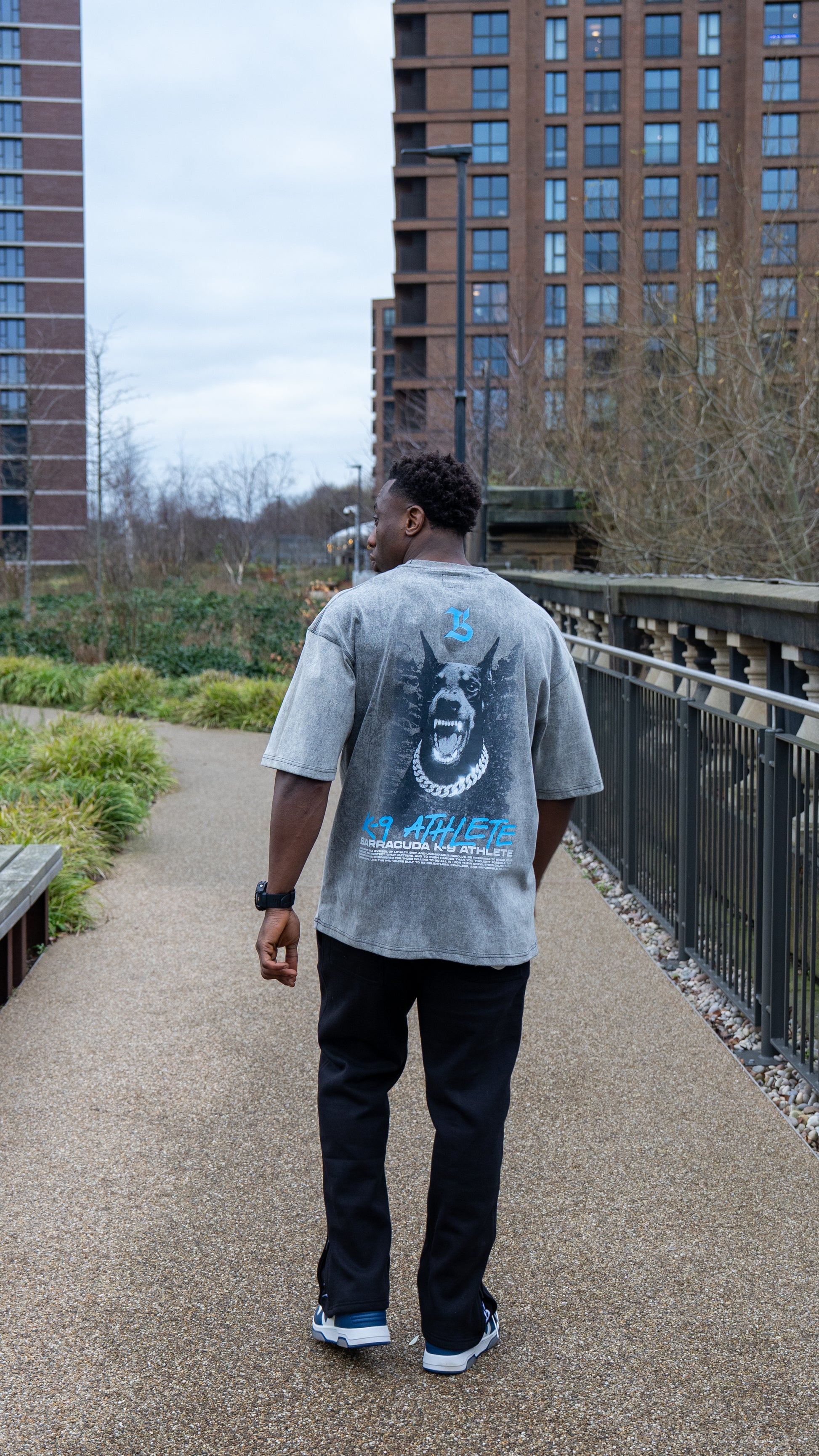 Person walking on a path with buildings in the background